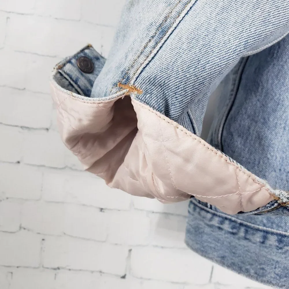 Levis Faux Fur Lined Denim Trucker Jean Jacket Size XS Oversized Anthro Blue - Picture 8 of 13
